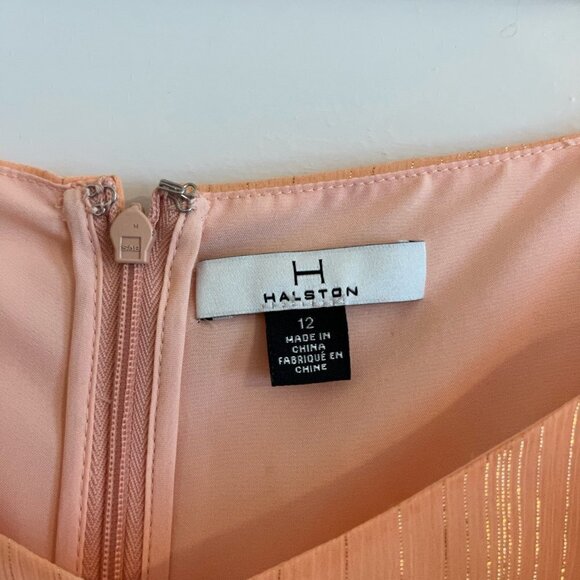 Halston peach gold metallic cold shoulder midi Georgette formal dress 12 - Picture 4 of 14